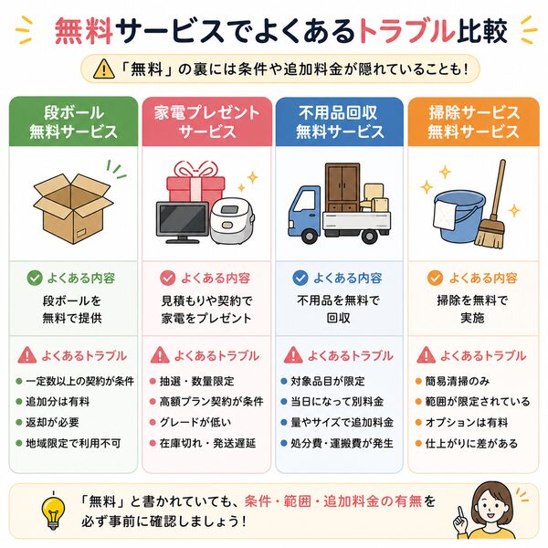 無料サービスでよくあるトラブル比較（段ボール・家電・不用品回収・掃除サービス）
