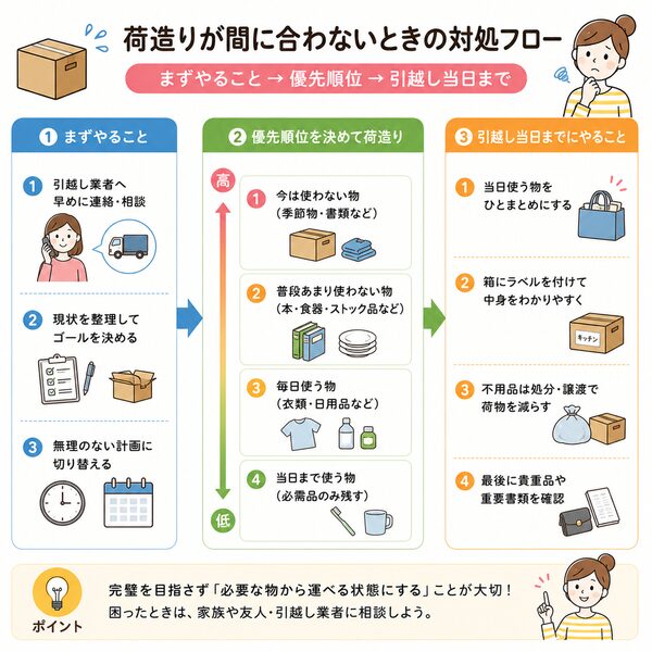 荷造りが間に合わないときの対処フロー(まずやること→優先順位→引越し当日まで)