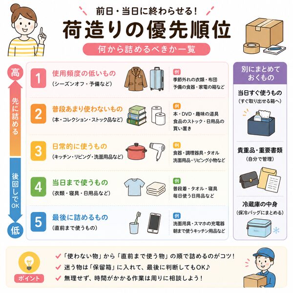 前日・当日に終わらせる荷造りの優先順位(何から詰めるべきか一覧)