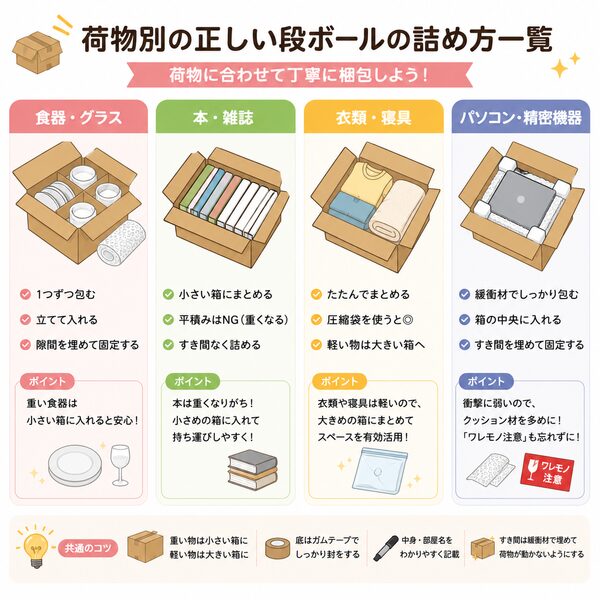 荷物別の正しい段ボールの詰め方一覧(食器・本・衣類・精密機器の梱包方法比較)