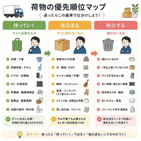 荷物の優先順位マップ（持っていく・後日送る・処分する）