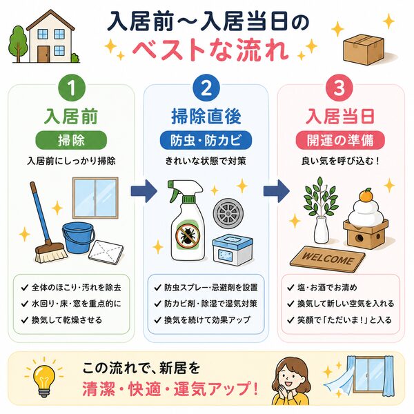 入居前〜入居当日のベストな流れ（掃除→防虫・防カビ→開運）