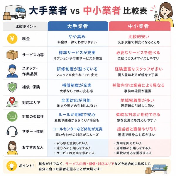 大手業者 vs 中小業者 比較表