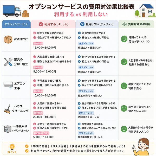 プションサービスの費用対効果比較表(利用する・利用しない)