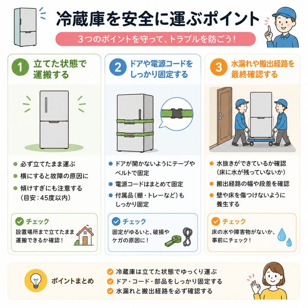 冷蔵庫を安全に運ぶポイント(立てて運搬・ドア固定・水漏れ確認)
