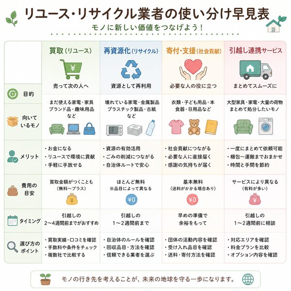 リユース・リサイクル業者の使い分け早見表(買取・再資源化・寄付・引越し連携)