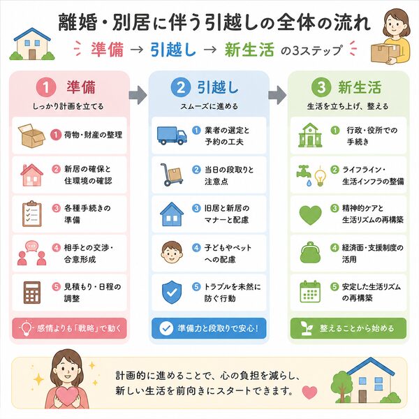 離婚・別居に伴う引越しの全体の流れ(準備→引越し→新生活)のフローチャート