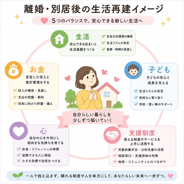 離婚・別居後の生活再建イメージ図(生活・お金・子ども・心・支援制度)