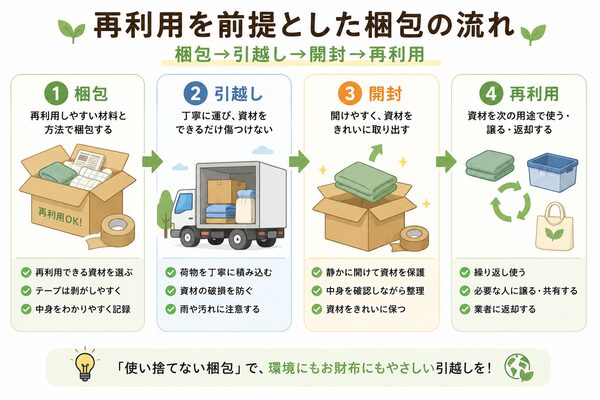 再利用を前提とした梱包の流れ（梱包→引越し→開封→再利用）