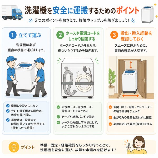 洗濯機を安全に運搬するためのポイント(立てて運ぶ・ホース固定・搬出経路確認)