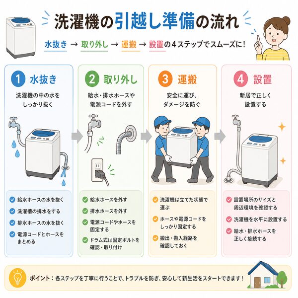 洗濯機の引越し準備の流れ(水抜き→取り外し→運搬→設置)