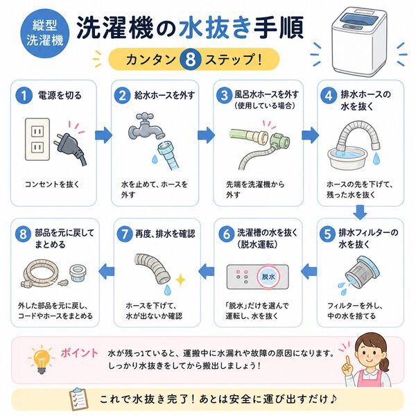 洗濯機の水抜き手順フローチャート