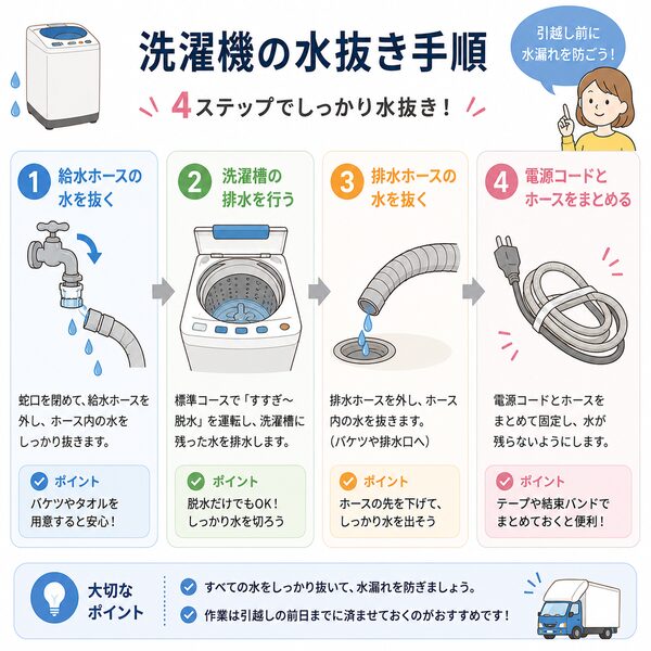 洗濯機の水抜き手順(給水ホース→洗濯槽→排水ホース→コード・ホース固定)