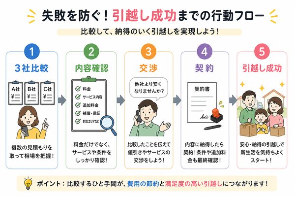 失敗を防ぐ行動フロー(3社比較→内容確認→交渉→契約→引越し成功)