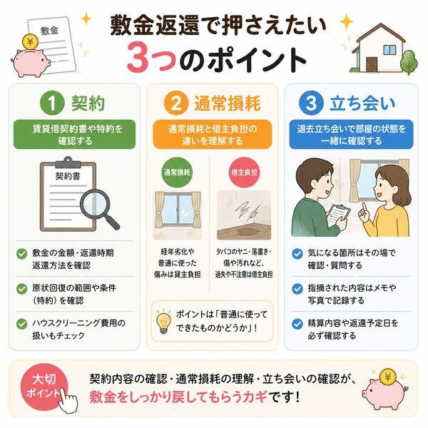 敷金返還で押さえたい3つのポイント(契約・通常損耗・立ち会い)