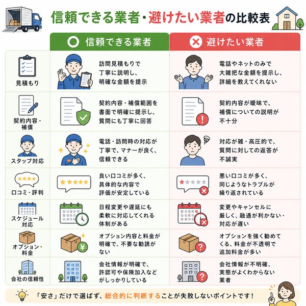 信頼できる業者・避けたい業者の比較表