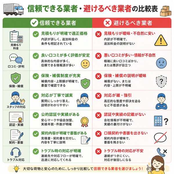信頼できる業者・避けるべき業者の比較表