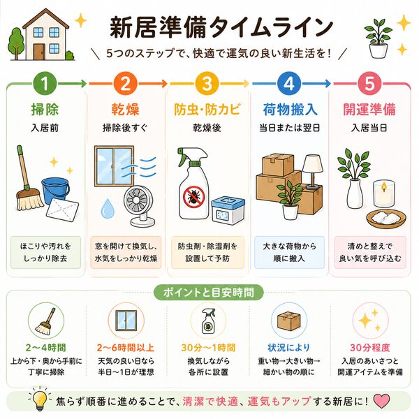 新居準備タイムライン（掃除→乾燥→防虫→荷物搬入→開運準備）