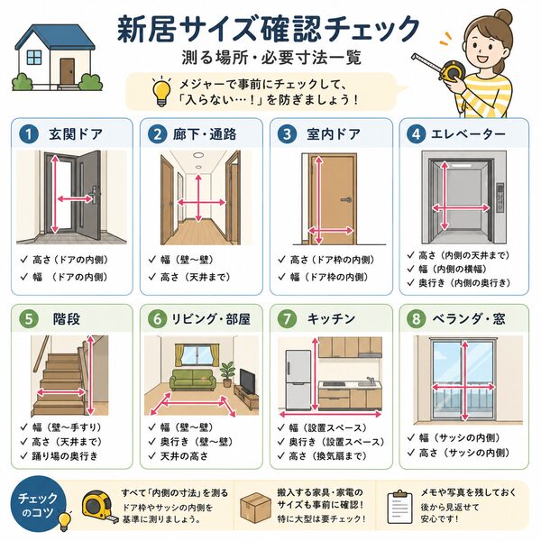 新居サイズ確認チェック図(測る場所・必要寸法一覧)
