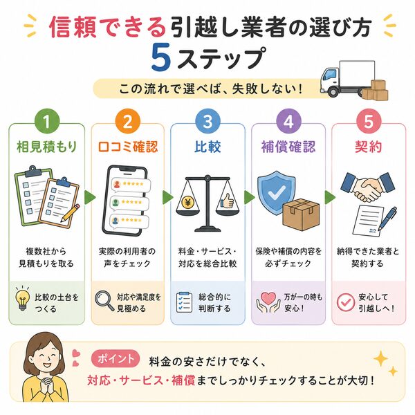 信頼できる引越し業者の選び方5ステップ(相見積もり→口コミ確認→比較→補償確認→契約)