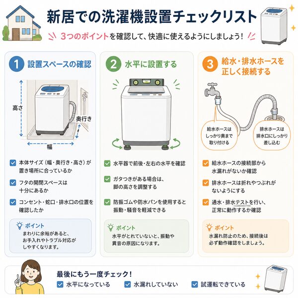 新居での洗濯機設置チェックリスト(設置スペース・水平設置・給排水接続)