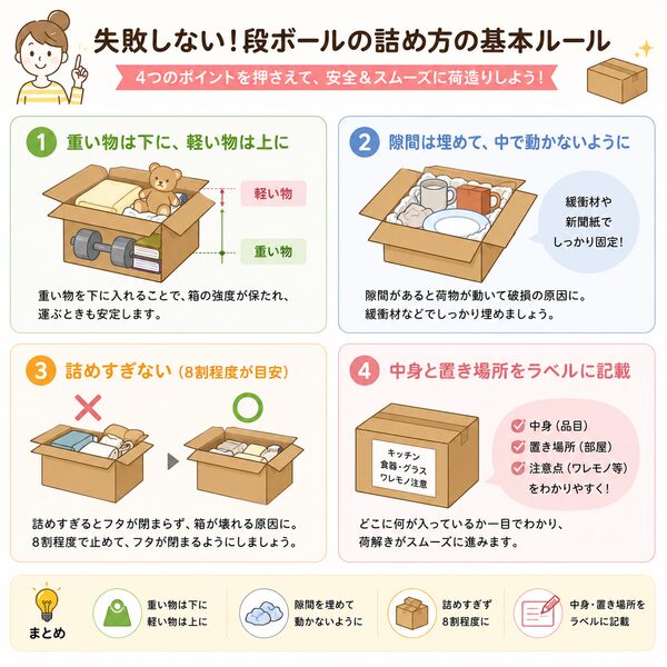 失敗しない段ボールの詰め方の基本ルール(重い物・軽い物・隙間・ラベルのコツ)