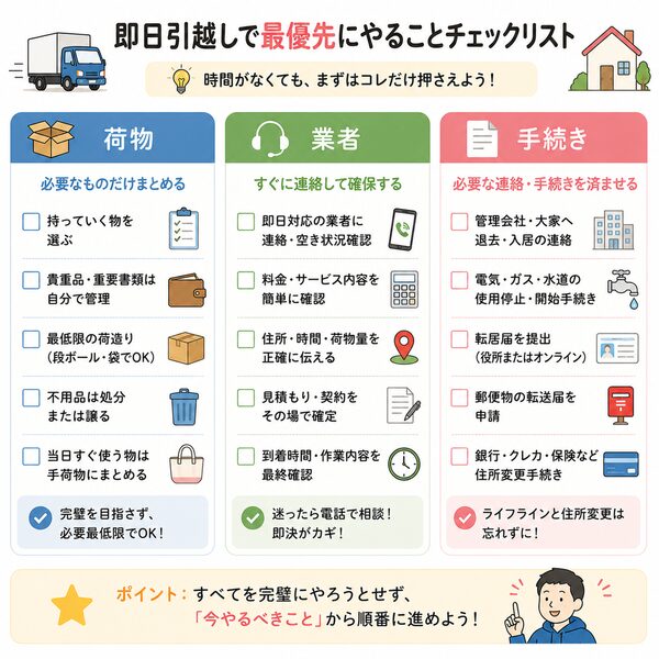即日引越しで最優先にやることチェックリスト（荷物・業者・手続き）