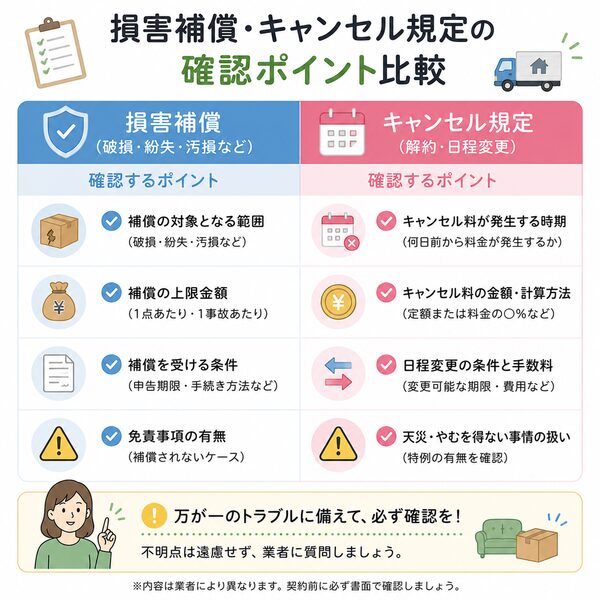 損害補償・キャンセル規定の確認ポイント比較