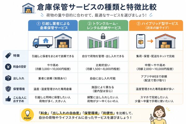 倉庫保管サービスの種類と特徴比較図