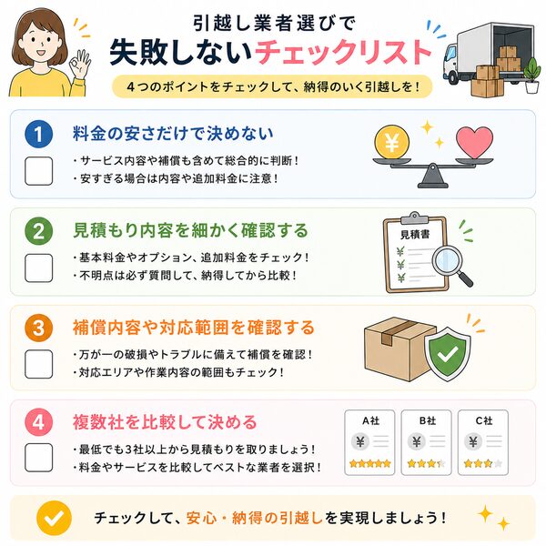 引越し業者選びで失敗しないチェックリスト(料金だけで決めない・見積もり確認・補償確認・複数社比較)
