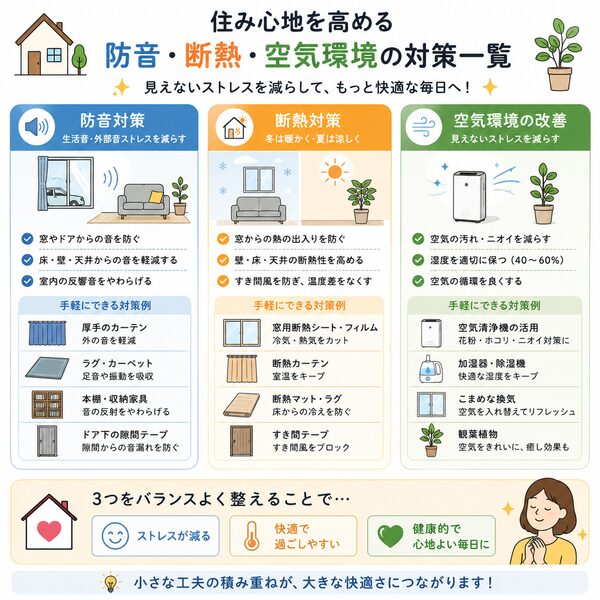 住み心地を高める防音・断熱・空気環境の対策一覧