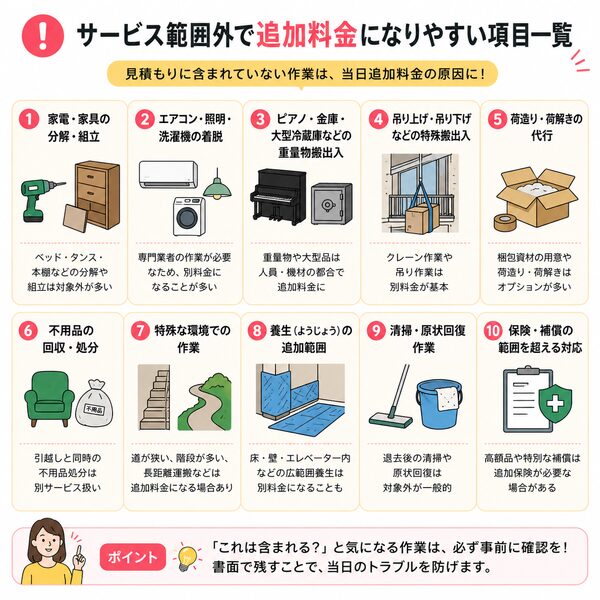 「サービス範囲外で追加料金になりやすい項目一覧」図解