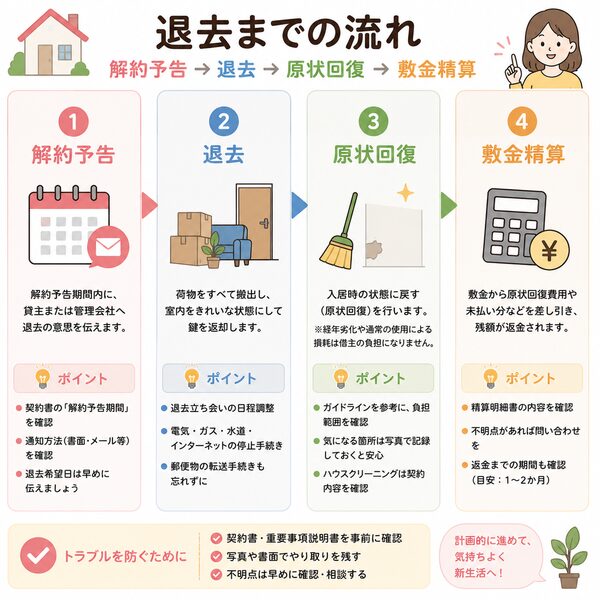 退去までの流れ（解約予告→退去→原状回復→敷金精算）