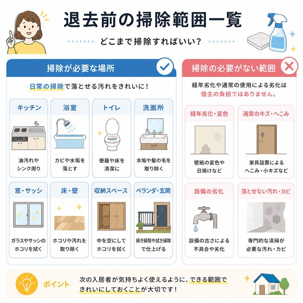 退去前の掃除範囲一覧(掃除が必要な場所・不要な範囲)