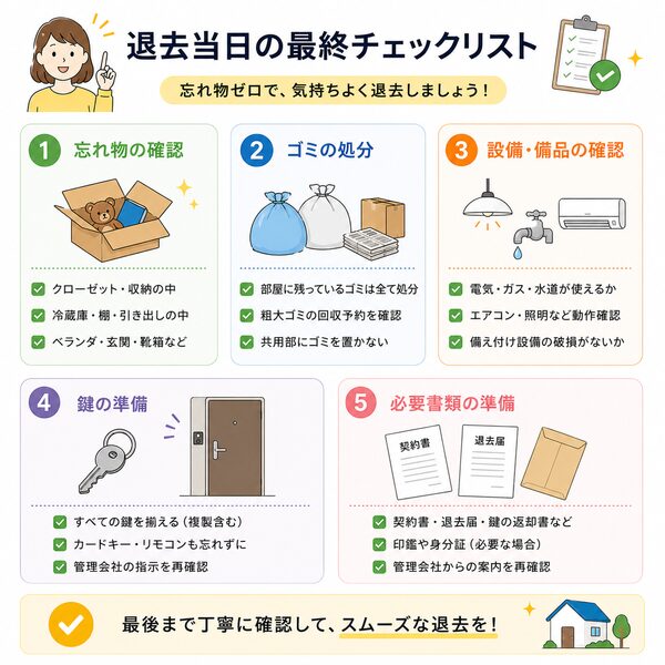 退去当日の最終チェックリスト(忘れ物・ゴミ処分・設備確認・鍵・必要書類)