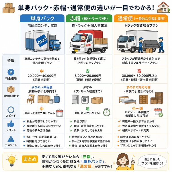単身パック・赤帽・通常便の違いが一目でわかる比較図