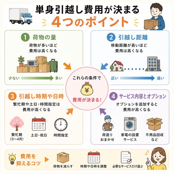 単身引越し費用が決まる4つのポイント（荷物量・距離・時期・サービス内容の関係図）