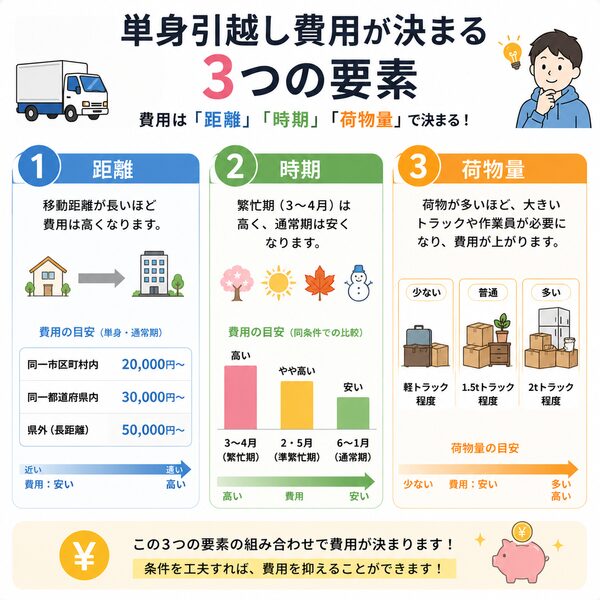 単身引越し費用が決まる3つの要素｜距離・時期・荷物量の関係