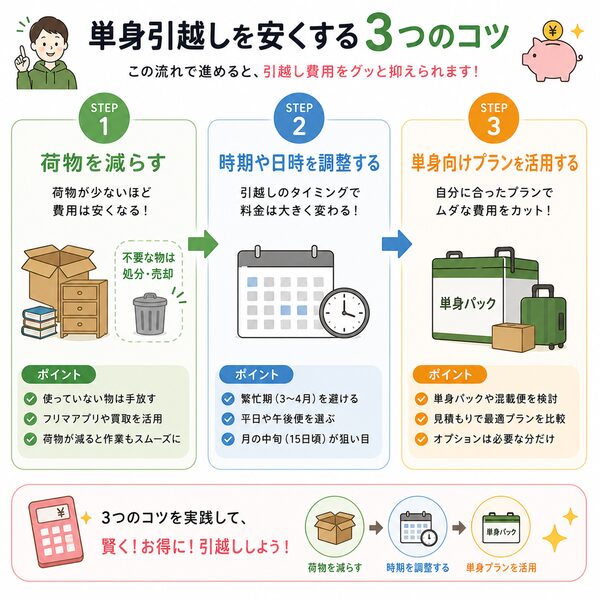 単身引越しを安くする3つのコツ（荷物削減→時期調整→単身プラン活用の流れ）