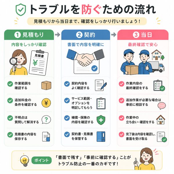 「トラブルを防ぐための流れ(見積もり→契約→当日)」フローチャート