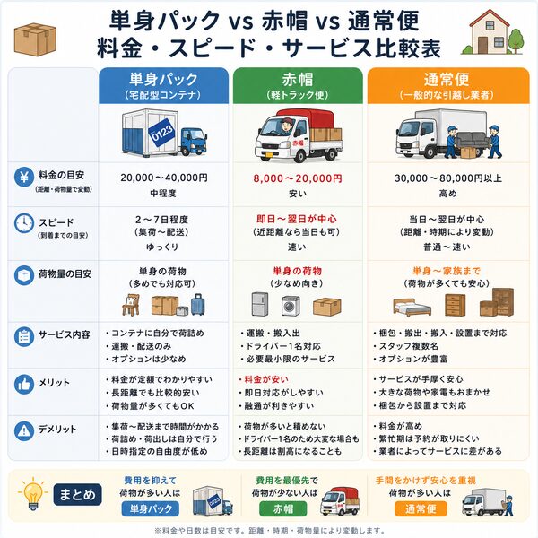 料金・スピード・サービス比較表(単身パック vs 赤帽 vs 通常便)