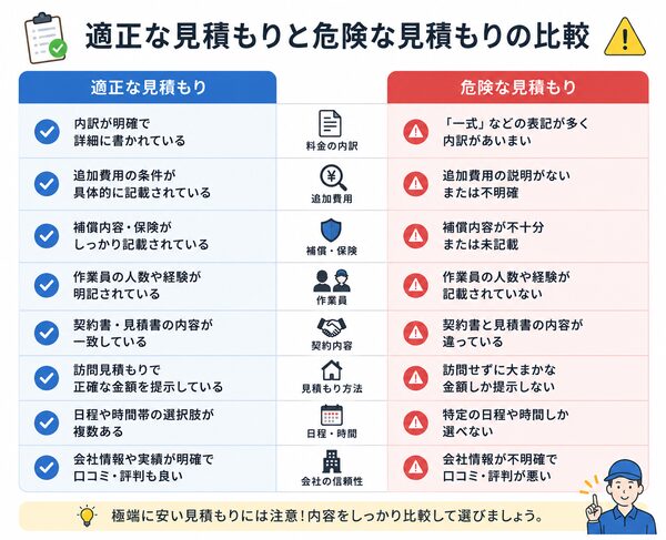 適正な見積もりと危険な見積もりの比較表