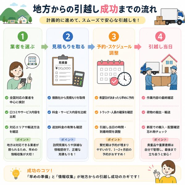地方からの引越し成功までの流れ(業者選び→見積もり→予約→引越し当日)