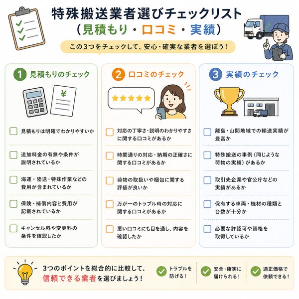 特殊搬送業者選びチェックリスト(見積もり・口コミ・実績)