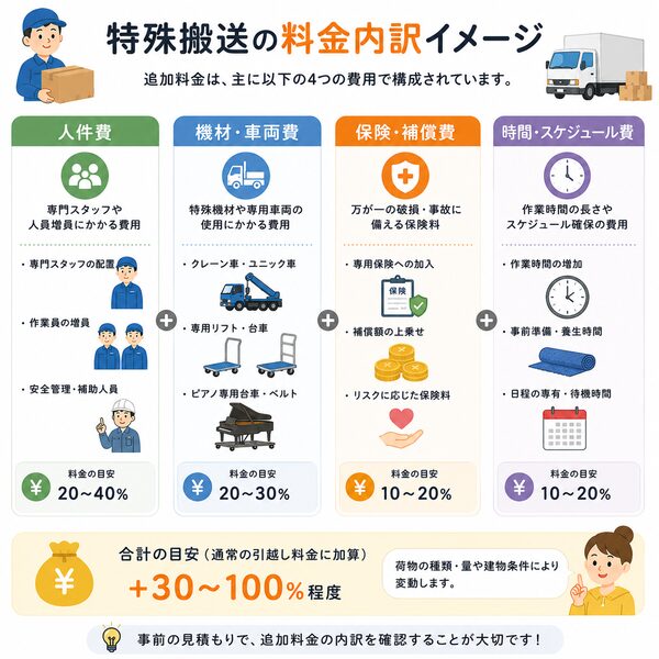 特殊搬送の料金内訳イメージ（人件費・機材・保険・時間）