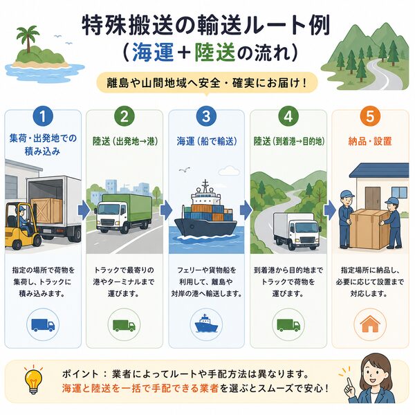 特殊搬送の輸送ルート例(海運+陸送の流れ)