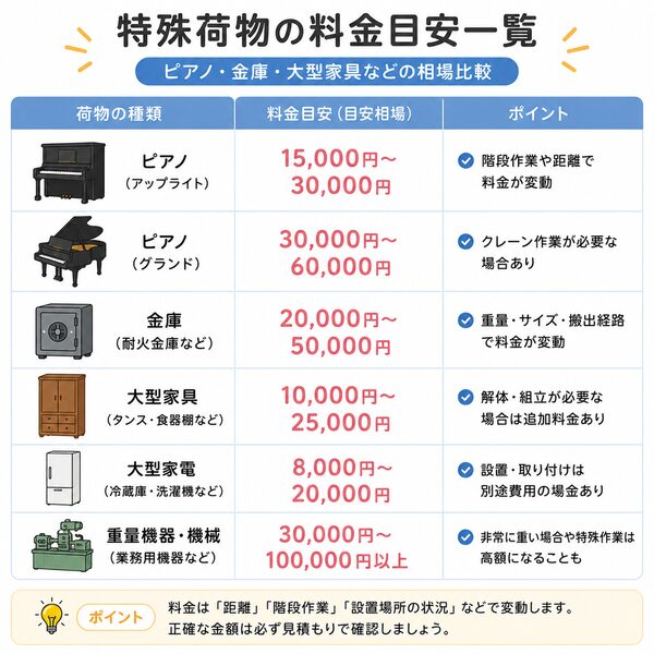 特殊荷物の料金目安一覧（ピアノ・金庫・大型家具などの相場比較）