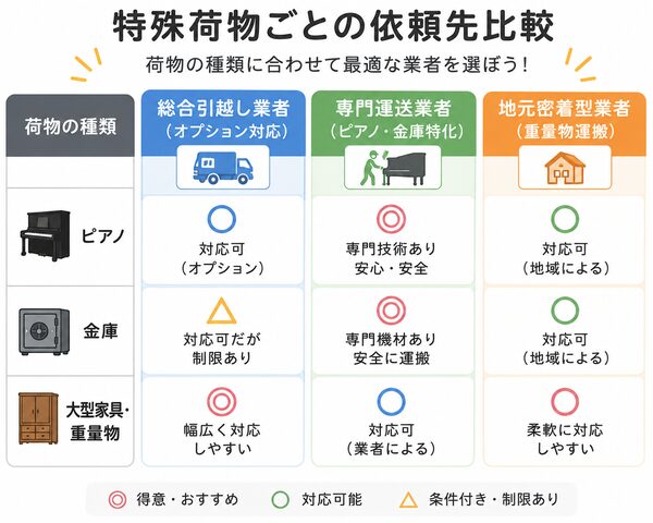 特殊荷物ごとの依頼先比較（総合引越し業者・専門運送業者・地元業者）