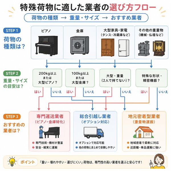 特殊荷物に適した業者の選び方フロー（荷物の種類→重量→おすすめ業者）