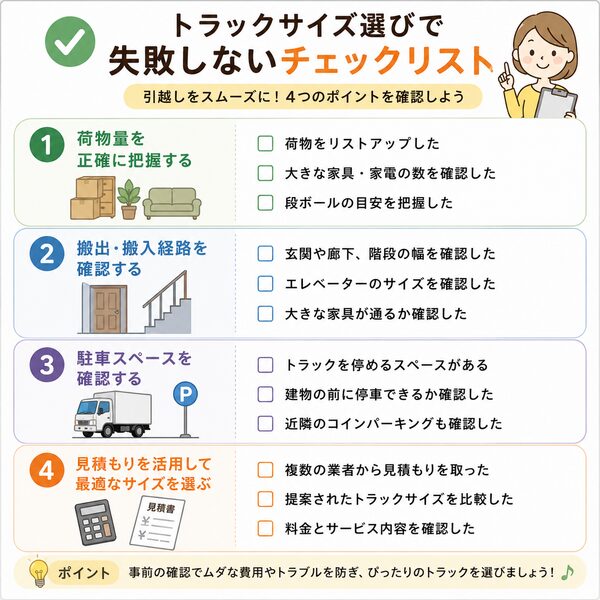 トラックサイズ選びで失敗しないチェックリスト（荷物量・搬出経路・駐車スペース・見積もり）